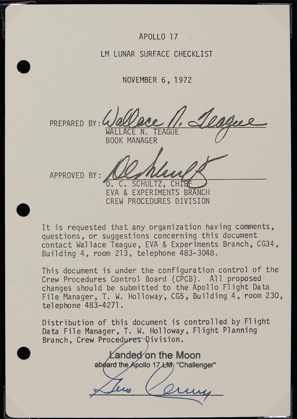 Apollo 17: Gene Cernan: NASA'S flown authorization page for the Apollo