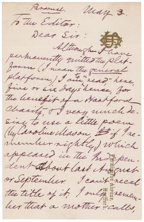 Lot #529 Samuel L. Clemens: Twain seeks a poem to add to his Hartford speech: ?I hate to make a reading entirely out of my own pathos? - Image 1