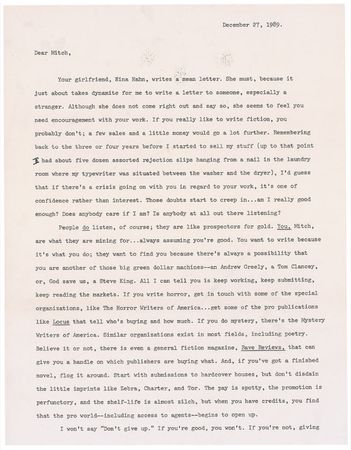 Lot #557 Stephen King: In a rare letter, King encourages a fledgling writer by recalling his own early struggles: ?Those doubts start to creep in?am I really good enough? Does anybody care if I am? Is anybody at all out there listening?? - Image 1