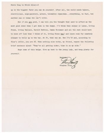 Lot #557 Stephen King: In a rare letter, King encourages a fledgling writer by recalling his own early struggles: ?Those doubts start to creep in?am I really good enough? Does anybody care if I am? Is anybody at all out there listening?? - Image 2
