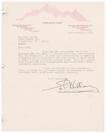 Lot #211 Edmund Hillary: “We have been concentrating on building a hospital and an airfield in the Solu valley of Nepal which is about 100 miles from the nearest road” - Image 1