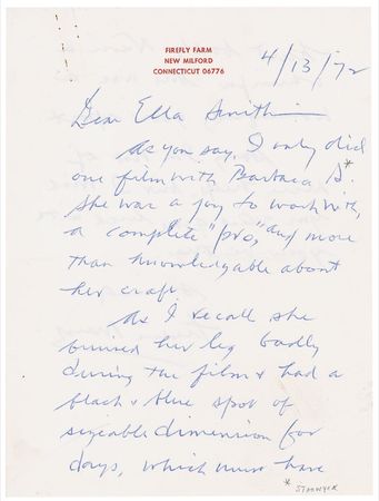 Lot #1154 Fredric March: High praise for Stanwyck: ? She was a joy to work with, a complete ?pro? and more than knowledgeable about her craft? - Image 1
