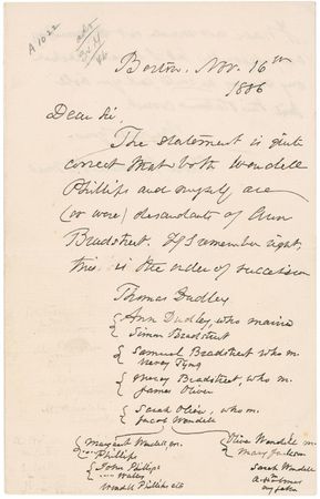 Lot #218 Oliver Wendell Holmes, Sr: Holmes explains his connection with poet Anne Bradstreet - Image 1