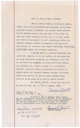Lot #1449 Mickey Mantle: Having reclaimed his superstar status in 1960, Mantle selects a pinch-hitter to go to bat for him against the IRS - Image 1