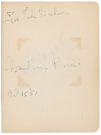 Lot #971 Autograph Album: Bogie, Bacall, and Rocky Marciano in a well-traveled album - Image 1
