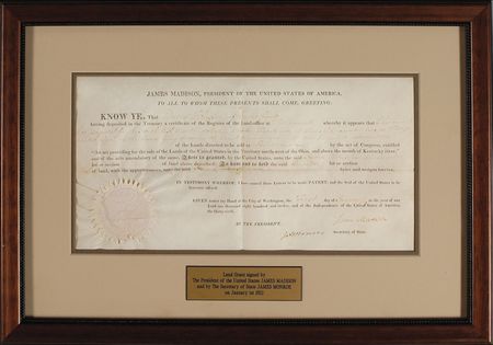 Lot #73 James Madison and James Monroe: With war looming, Madison and Monroe approve an Ohio land grant - Image 1