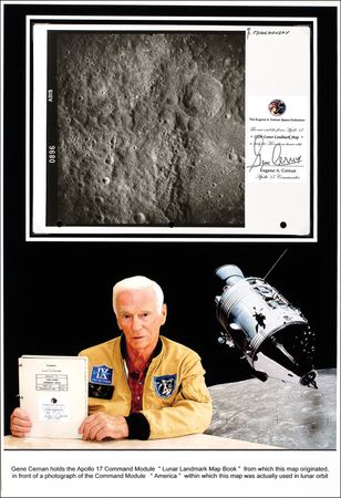 Lot #376 Apollo 17: Gene Cernan: Apollo 17 flown “Tsiolkovsky” lunar landmark map - Image 1