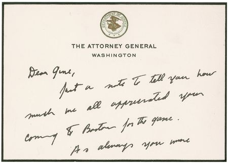 Lot #222 Robert F. Kennedy: Bobby Kennedy thanks heavyweight champ Gene Tunney for honoring his martyred brother: ?We all appreciated your coming to Boston for the game? - Image 1