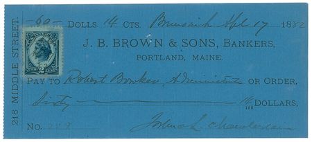 Lot #299 Joshua Lawrence Chamberlain: Hand-written check from the defender of Little Round Top - Image 1