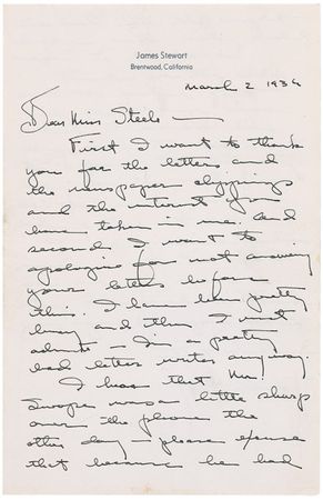 Lot #1227 James Stewart: Scarce ALS from the rising star: “I’m afraid I’ll be pretty busy for the next five or six weeks on a new picture at M. G. M.” - Image 1
