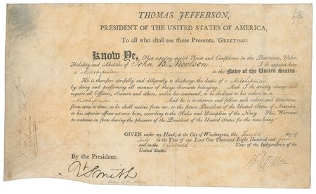 Lot #63 Thomas Jefferson: On the 4th of July, President Jefferson appoints a Navy midshipman - Image 1