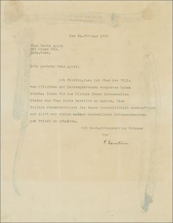 Lot #228 Albert Einstein: Einstein recounts the ?beautiful personality? and ?valuable memories? of his friend and fellow physicist Marie Curie - Image 1