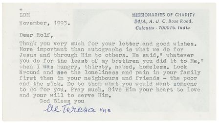 Lot #284 Mother Teresa: ?More important than autographs is what we do for Jesus? - Image 1