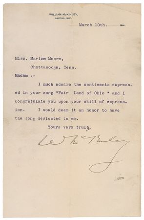 Lot #91 William McKinley: McKinley thanks the composer of ‘Dear Old Ohio Home’: “I much admire the sentiments expressed in your song…I would deem it an honor to have the song dedicated to me” - Image 1