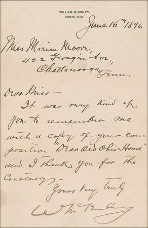 Lot #91 William McKinley: McKinley thanks the composer of ‘Dear Old Ohio Home’: “I much admire the sentiments expressed in your song…I would deem it an honor to have the song dedicated to me” - Image 2