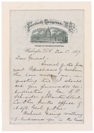 Lot #55 James A. Garfield: “Without being willing to embarrass you in the least by suggestions, I will say that the appointment of Genl. Schneider would be gratifying to most of our friends in Northern Ohio” - Image 1