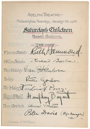 Lot #1037 Humphrey Bogart: One-of-a-kind cast page from Bogart?s 1928 Philly performance of ?Saturday?s Children? - Image 1