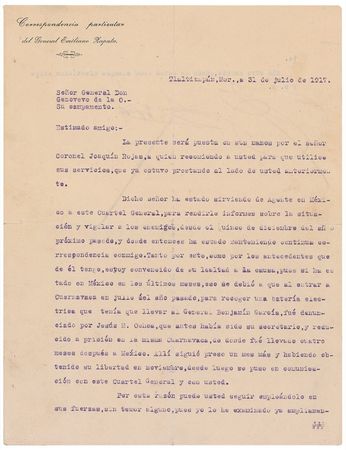 Lot #349 Emiliano Zapata: Zapata endorses the work of a fellow revolutionary: ?I am convinced of his loyalty to our cause? - Image 1