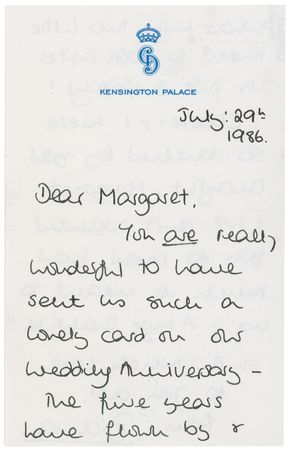 Lot #212 Diana: In a pristine letter, tainted only by the playful inclusion of the prints of ?William?s Fingers!,? Diana jubilantly talks of her five year anniversary?and the ?two little men? who keep her busy - Image 1