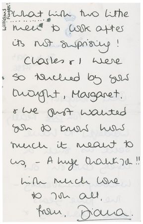 Lot #212 Diana: In a pristine letter, tainted only by the playful inclusion of the prints of ?William?s Fingers!,? Diana jubilantly talks of her five year anniversary?and the ?two little men? who keep her busy - Image 2