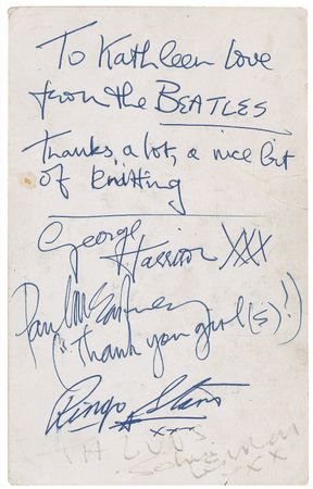 Lot #746 Beatles: Parlophone Records card inscribed to the girls responsible for the famously photographed heart pillow in 1963 - Image 1