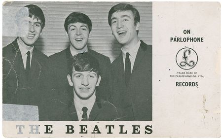 Lot #746 Beatles: Parlophone Records card inscribed to the girls responsible for the famously photographed heart pillow in 1963 - Image 2