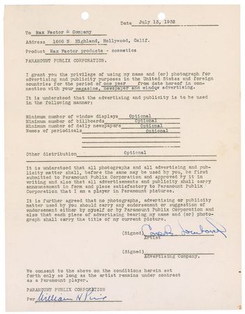 Lot #1218 Carole Lombard: Scarce Max Factor contract, the premier makeup supplier to Hollywood?s legendary leading ladies - Image 1