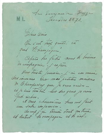 Lot #573 Marie Laurencin: “When I got back I didn’t touch your marvellous champagne but drank red wine” - Image 1