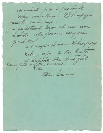 Lot #573 Marie Laurencin: “When I got back I didn’t touch your marvellous champagne but drank red wine” - Image 2