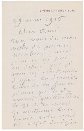 Lot #592 Claude Monet: In 1916—the year of much of his Water Lilies series—the famous Impressionist extends an open invitation to Giverny to his biographer, French author Gustave Geffroy - Image 1