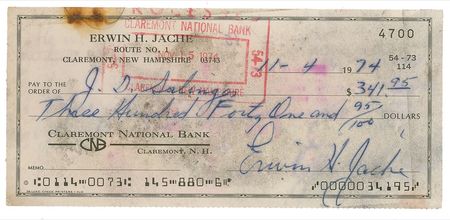 Lot #612 J. D. Salinger: “J. D. Salinger, For Deposit Only”: a check as elusive as its recipient - Image 1