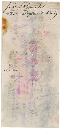 Lot #612 J. D. Salinger: “J. D. Salinger, For Deposit Only”: a check as elusive as its recipient - Image 2