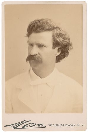Lot #525 Samuel L. Clemens: Superior double-signature cabinet photo with advice to aspiring writer Edward Bok: “There isn’t any merit in doing a thing which it is a pleasure to do” - Image 1