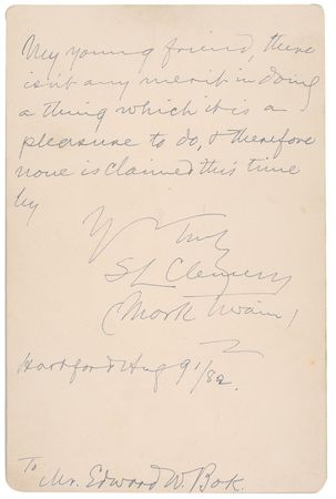 Lot #525 Samuel L. Clemens: Superior double-signature cabinet photo with advice to aspiring writer Edward Bok: “There isn’t any merit in doing a thing which it is a pleasure to do” - Image 2