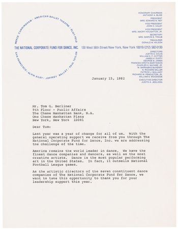 Lot #1088 Dance: National Corporate Fund for Dance thank you letter from Ailey, Baryshnikov, and Joffrey - Image 1