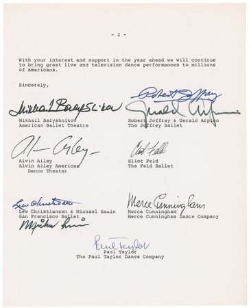 Lot #1088 Dance: National Corporate Fund for Dance thank you letter from Ailey, Baryshnikov, and Joffrey - Image 2
