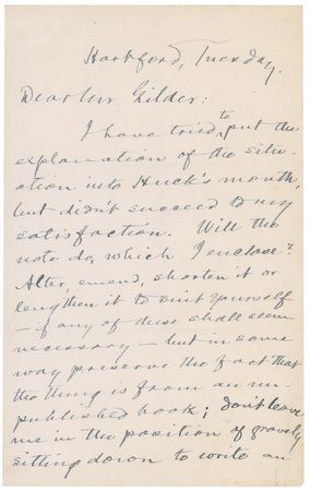 Lot #526 Samuel L. Clemens: A rare and most desirable direct reference to the classic Adventures of Huckleberry Finn: ?I have tried to put the explanation of the situation into Huck?s mouth, but didn?t succeed to my satisfaction? - Image 1
