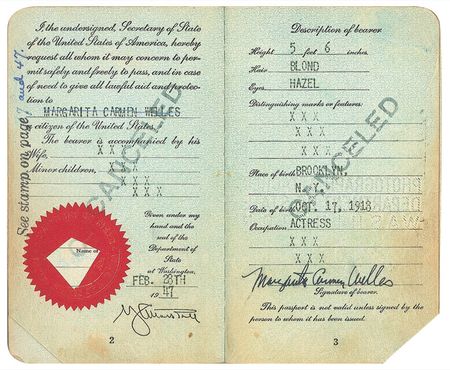 Lot #1173 Rita Hayworth: Hayworth?s one-and-only 1947 passport?the one that took her to the French Riviera and into the arms of Prince Aly Khan - Image 1
