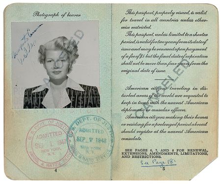 Lot #1173 Rita Hayworth: Hayworth?s one-and-only 1947 passport?the one that took her to the French Riviera and into the arms of Prince Aly Khan - Image 2