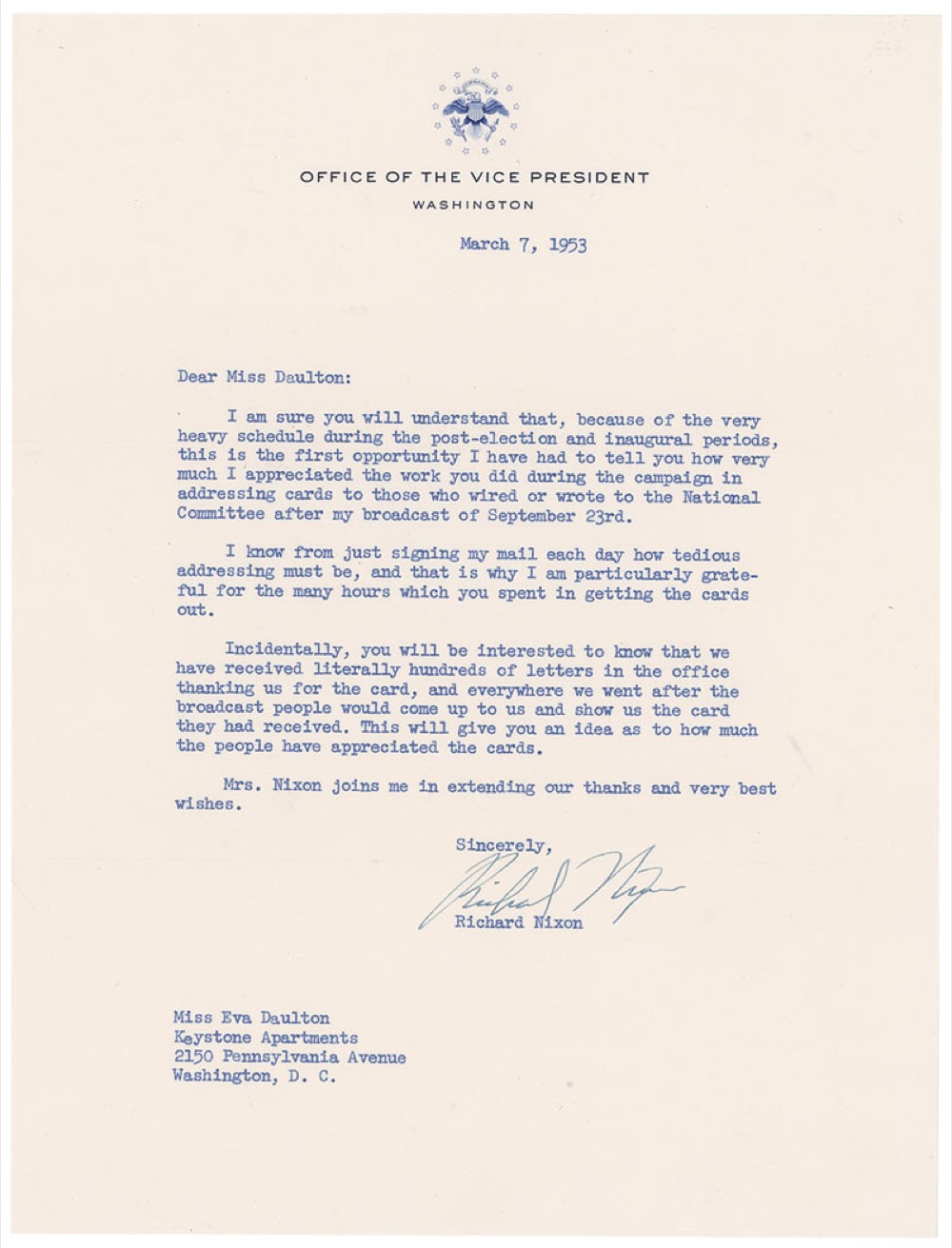 Lot 95 Richard Nixon: “I know from just signing my mail each day how tedious addressing must be”
