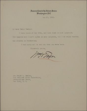 Lot #138 William H. Taft: Chief Justice Taft writes of a famed labor leader: “Old Gompers and I don’t agree on many subjects, but I do enjoy reading his attacks on Bolshevism” - Image 2