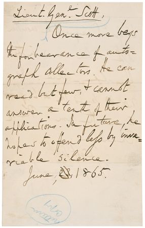 Lot #397 Winfield Scott: The Union general places a newspaper announcement to dissuade autograph seekers: “He hopes to offend less by invariable silence” - Image 1