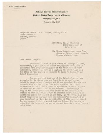 Lot #261 J. Edgar Hoover: Hoover works with a Canadian counterpart to crack a 1939 case - Image 1