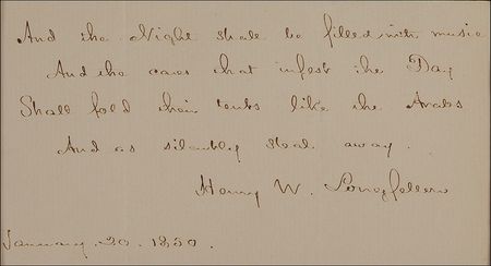 Lot #579 Henry Wadsworth Longfellow: Saluting the end of the day with a quote from The Day Is Done: ?And the cares, that infest the day, Shall fold their tents, like the Arabs, And as silently steal away? - Image 2