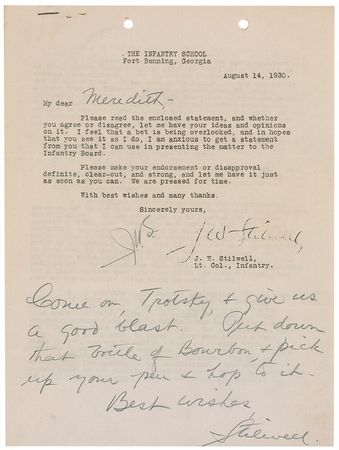 Lot #400 Joseph Stilwell: “Come on, Trotsky, & give us a good blast. Put down that bottle of Bourbon, & pick up your pen & hop to it” - Image 1