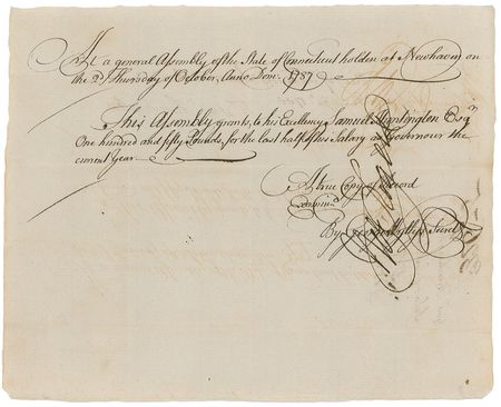 Lot #210 Declaration of Independence: Samuel Huntington: Huntington signs for half his annual salary as Governor of Connecticut - Image 1