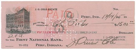 Lot #938 Cole Porter: Porter-endorsed check from his Indiana hometown - Image 1