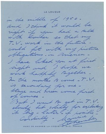 Lot #1133 Maurice Chevalier: “I want to get in T.V. slowly but solidly for exploiting it big—later—if possible” - Image 1