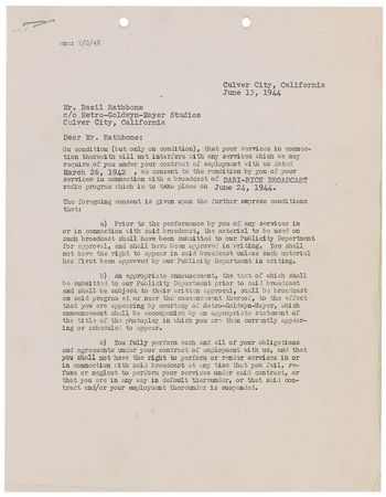 Lot #1390 Basil Rathbone: Loew’s gives ‘Sherlock Holmes’ the go-ahead for a 1944 radio appearance - Image 1