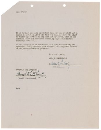 Lot #1390 Basil Rathbone: Loew’s gives ‘Sherlock Holmes’ the go-ahead for a 1944 radio appearance - Image 2